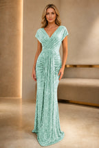 Mermaid V-Neck Cap Sleeve V-Back Long Prom Dress