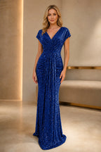 Mermaid V-Neck Cap Sleeve V-Back Long Prom Dress