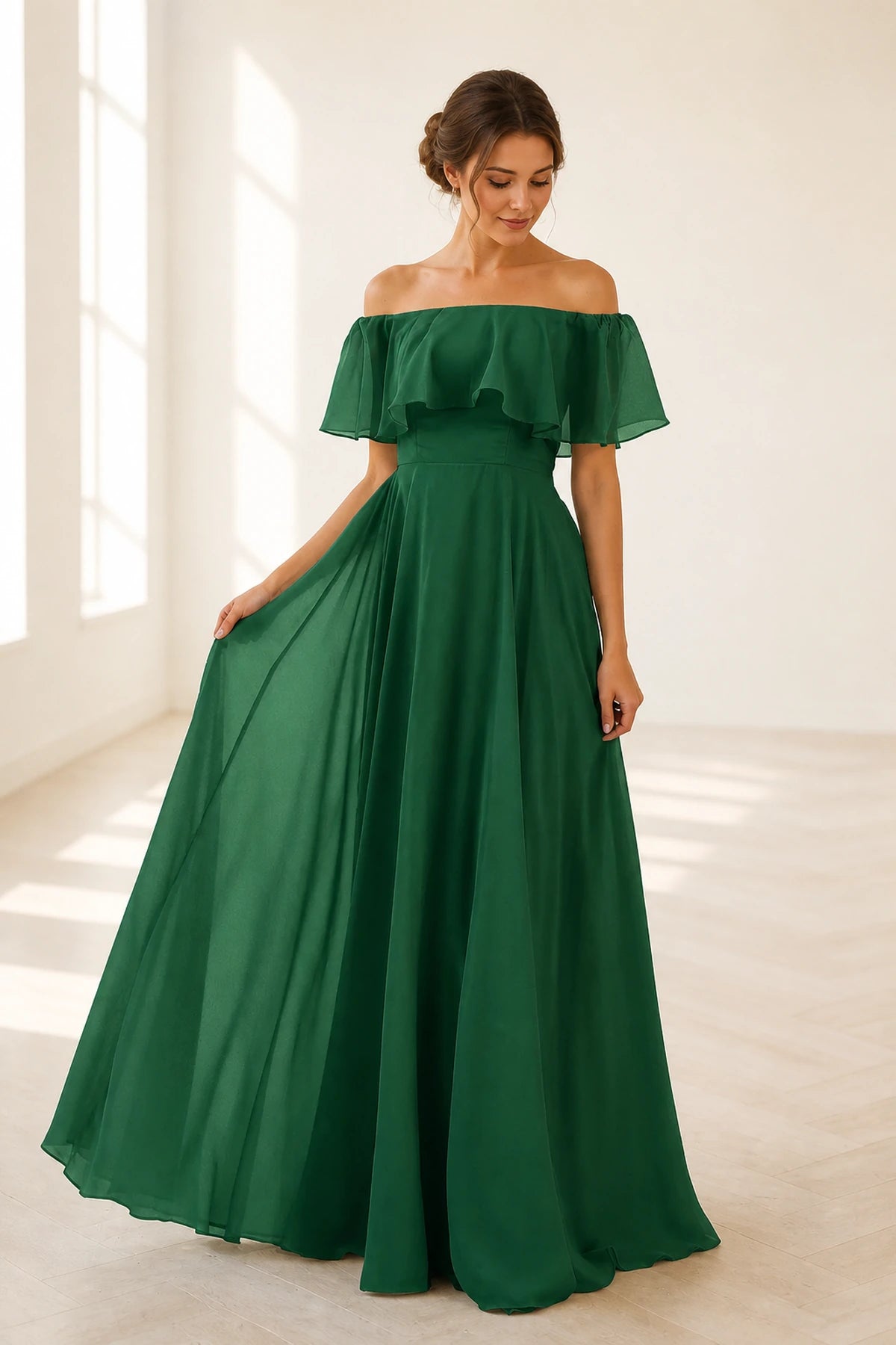 Emerald green A-line bridesmaid dress with off-shoulder ruffle neckline by GraceProm