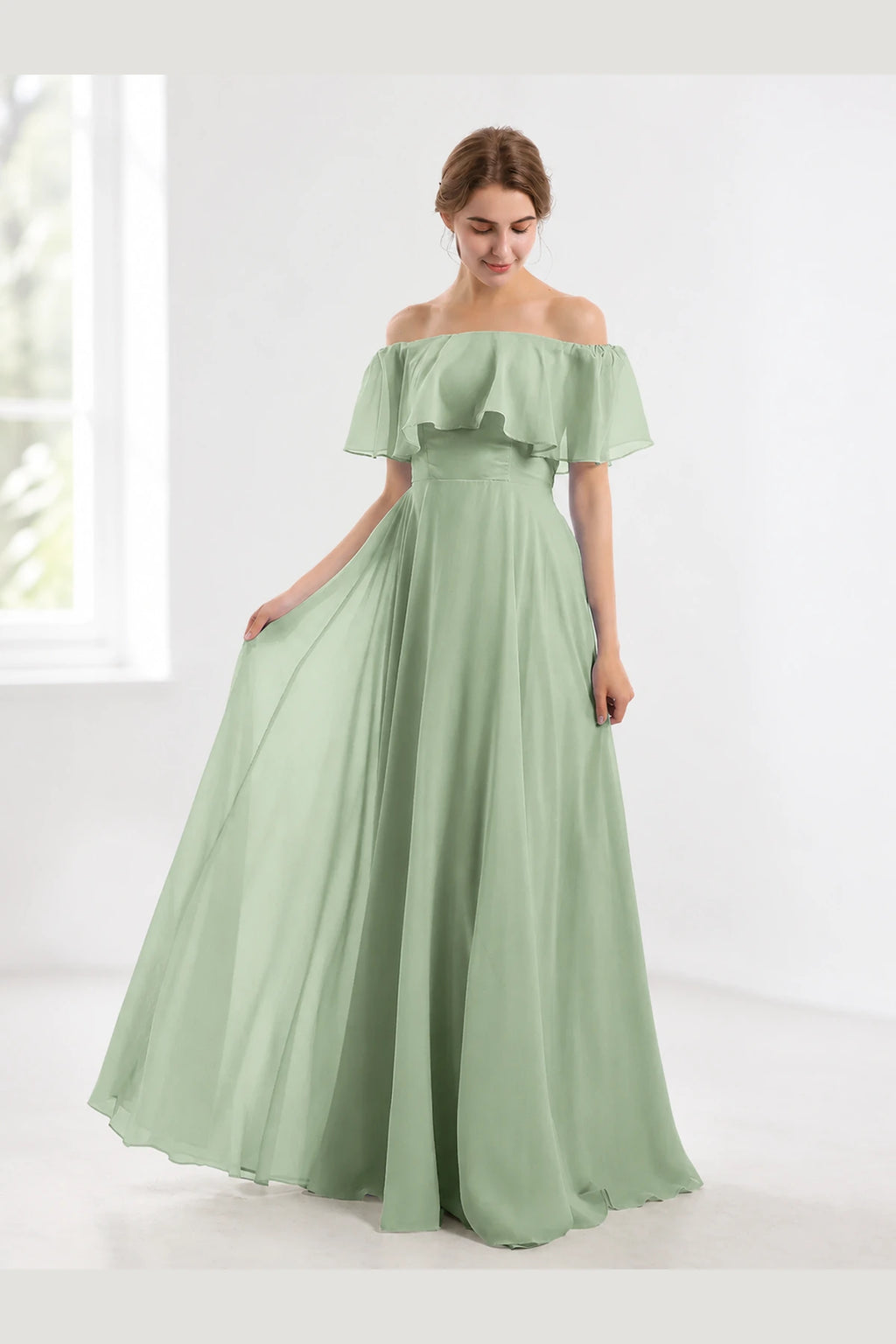 Romantic A-Line Off-Shoulder Ruffle Sleeve Open-Back Floor-Length Bridesmaid Dress