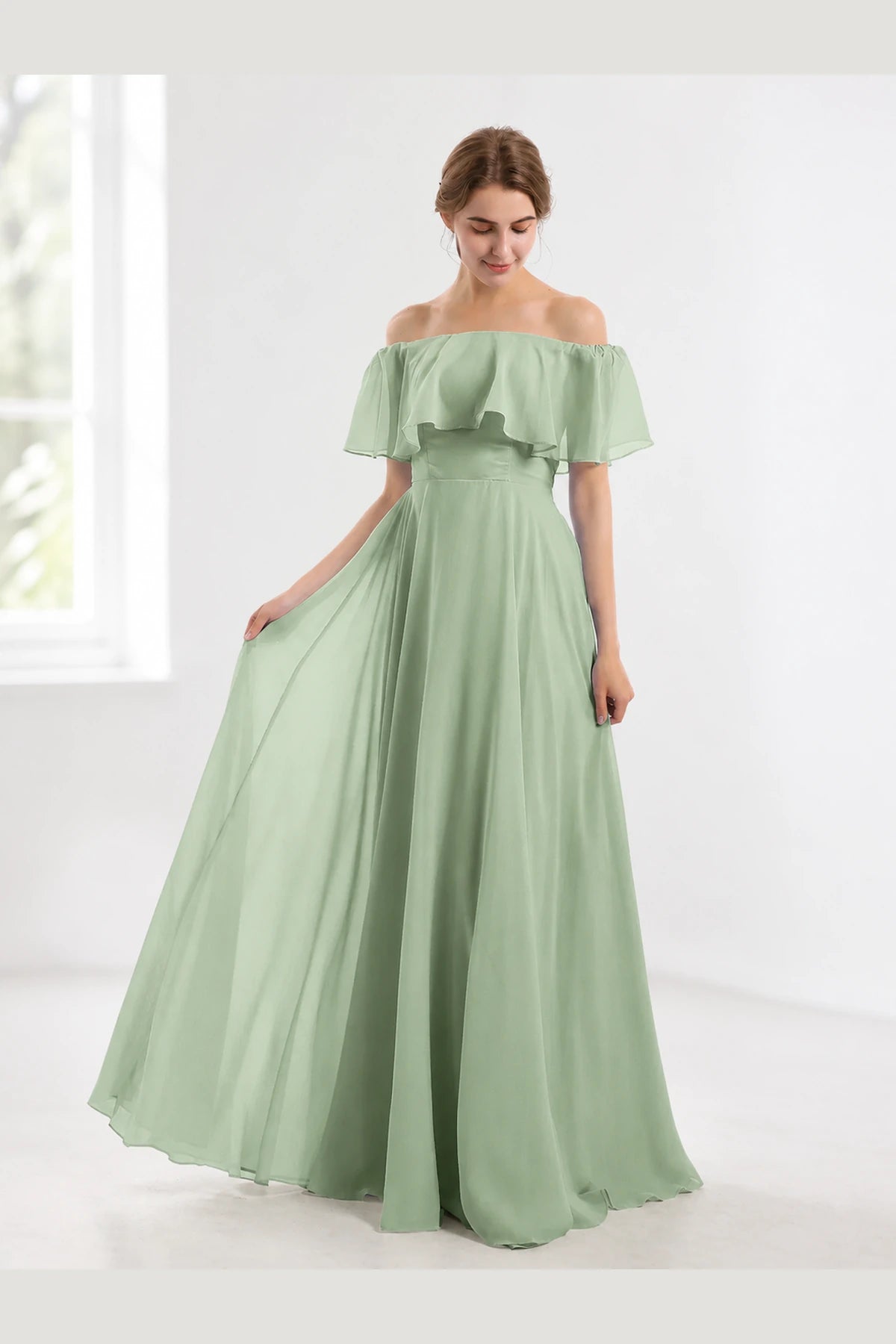Romantic A-Line Off-Shoulder Ruffle Sleeve Open-Back Floor-Length Bridesmaid Dress