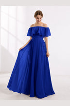 Romantic A-Line Off-Shoulder Ruffle Sleeve Open-Back Floor-Length Bridesmaid Dress