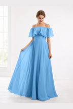 Romantic A-Line Off-Shoulder Ruffle Sleeve Open-Back Floor-Length Bridesmaid Dress