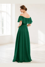 Back view of emerald green off-shoulder floor-length bridesmaid dress by GraceProm