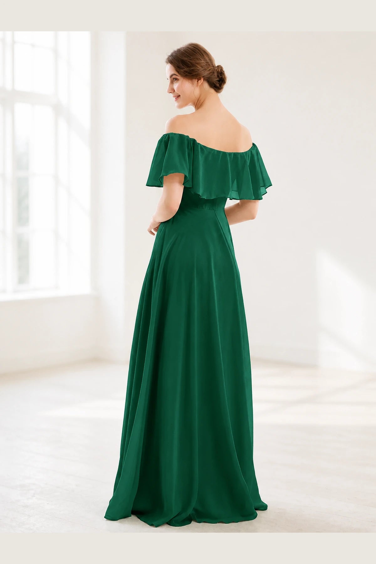 Back view of emerald green off-shoulder floor-length bridesmaid dress by GraceProm
