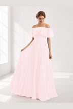 Romantic A-Line Off-Shoulder Ruffle Sleeve Open-Back Floor-Length Bridesmaid Dress