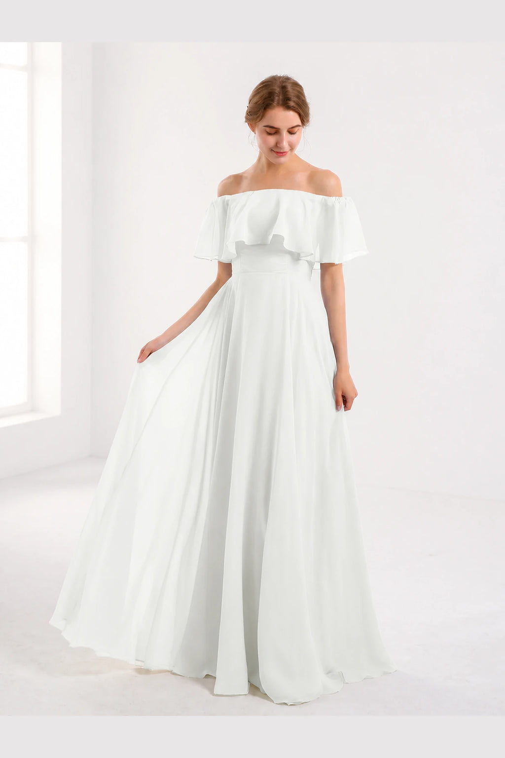 Romantic A-Line Off-Shoulder Ruffle Sleeve Open-Back Floor-Length Bridesmaid Dress