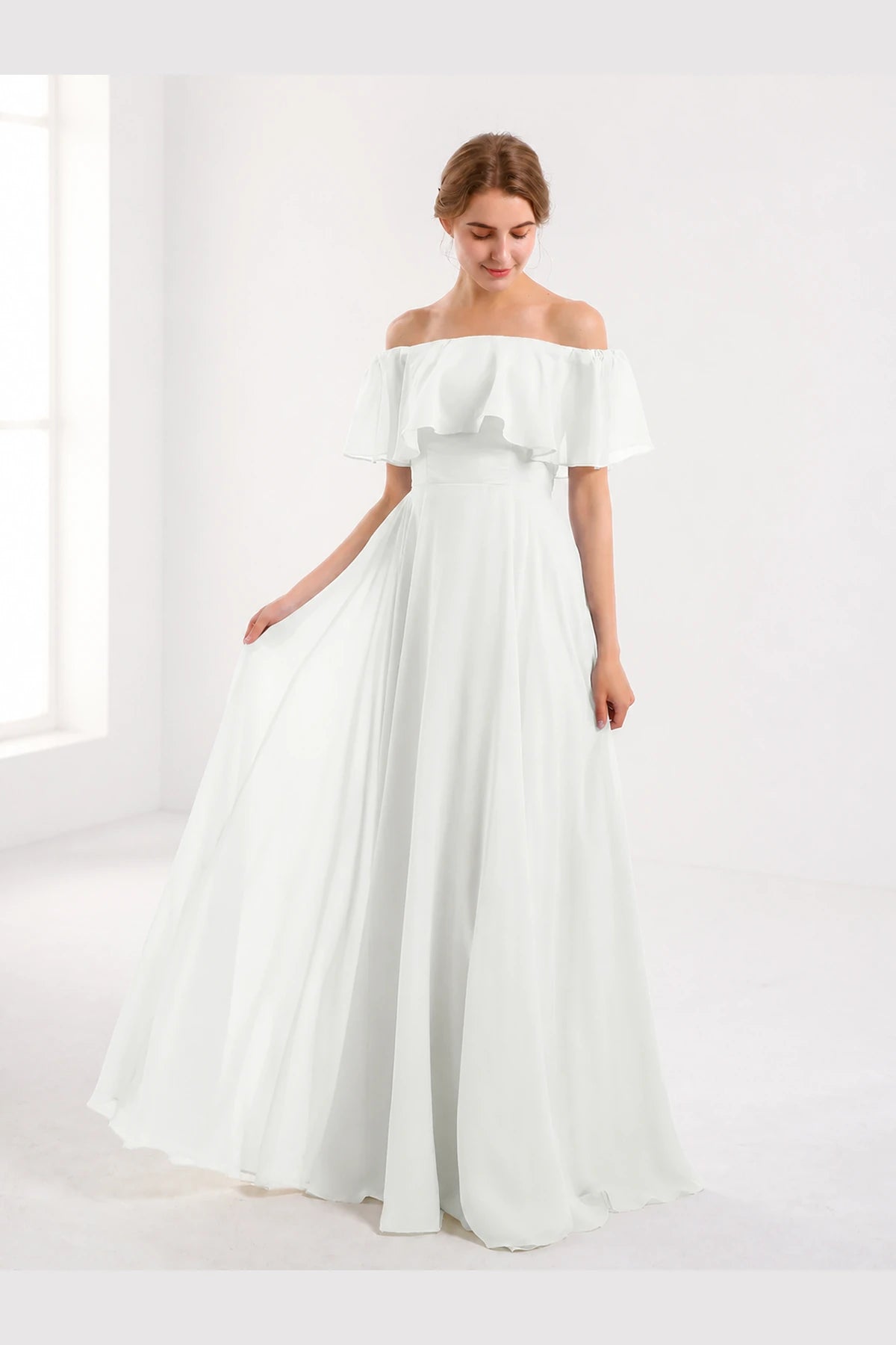 Romantic A-Line Off-Shoulder Ruffle Sleeve Open-Back Floor-Length Bridesmaid Dress