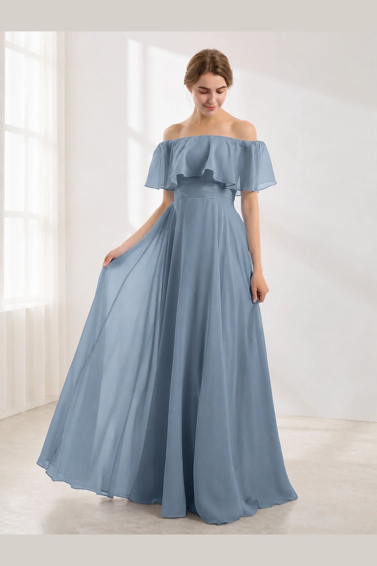 Romantic A-Line Off-Shoulder Ruffle Sleeve Open-Back Floor-Length Bridesmaid Dress