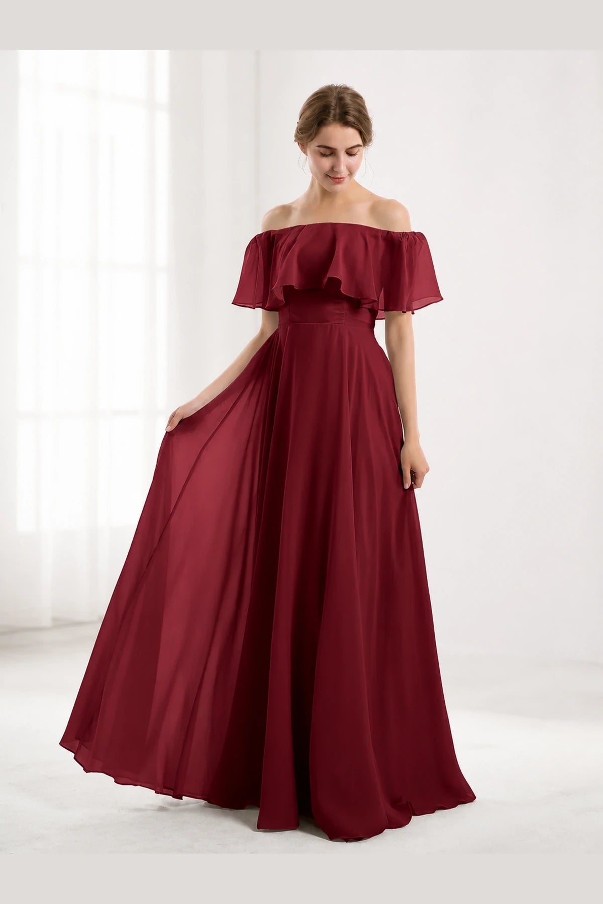 Romantic A-Line Off-Shoulder Ruffle Sleeve Open-Back Floor-Length Bridesmaid Dress