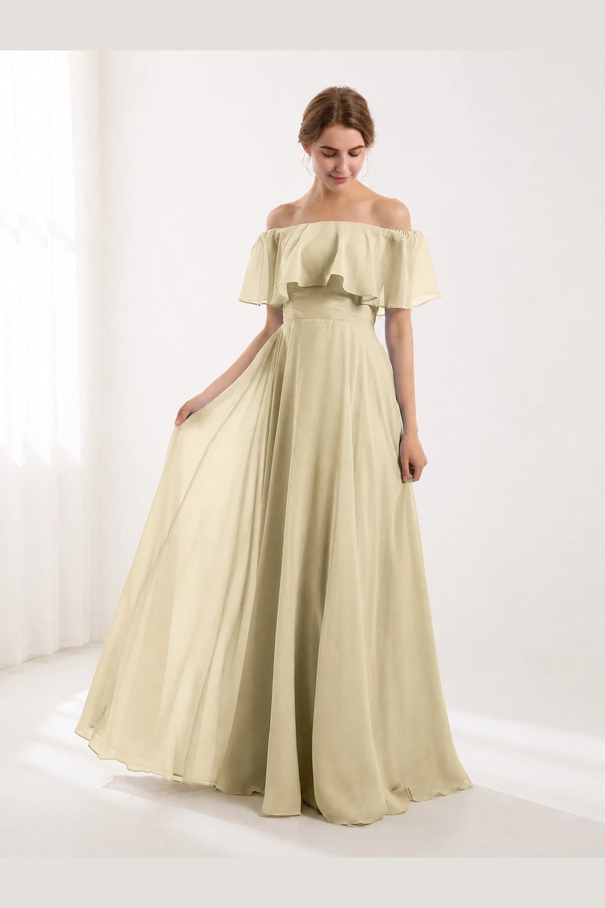 Romantic A-Line Off-Shoulder Ruffle Sleeve Open-Back Floor-Length Bridesmaid Dress