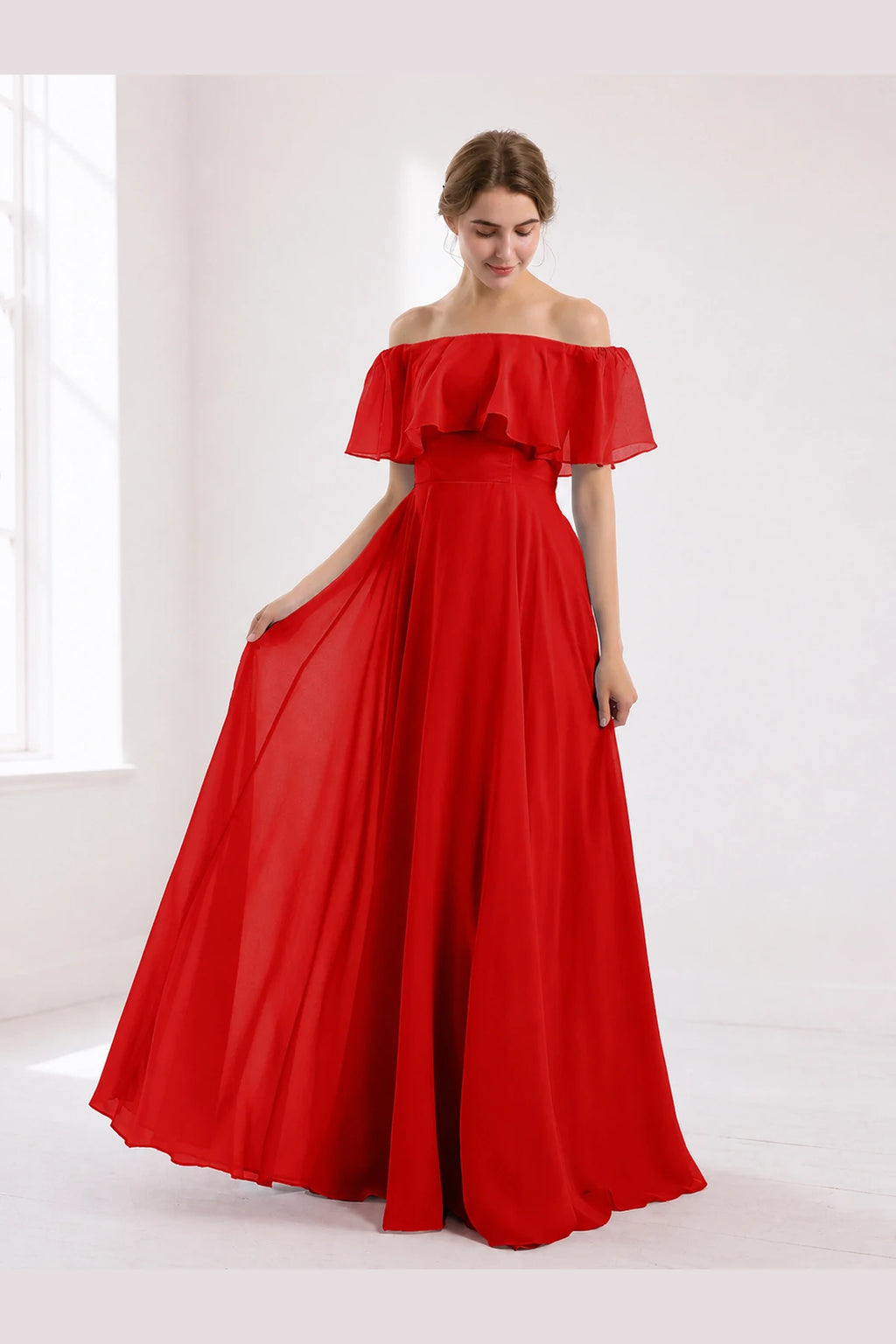 Romantic A-Line Off-Shoulder Ruffle Sleeve Open-Back Floor-Length Bridesmaid Dress