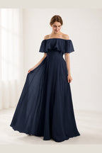 Romantic A-Line Off-Shoulder Ruffle Sleeve Open-Back Floor-Length Bridesmaid Dress