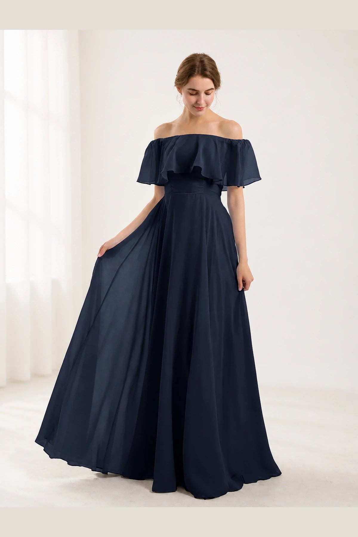 Romantic A-Line Off-Shoulder Ruffle Sleeve Open-Back Floor-Length Bridesmaid Dress