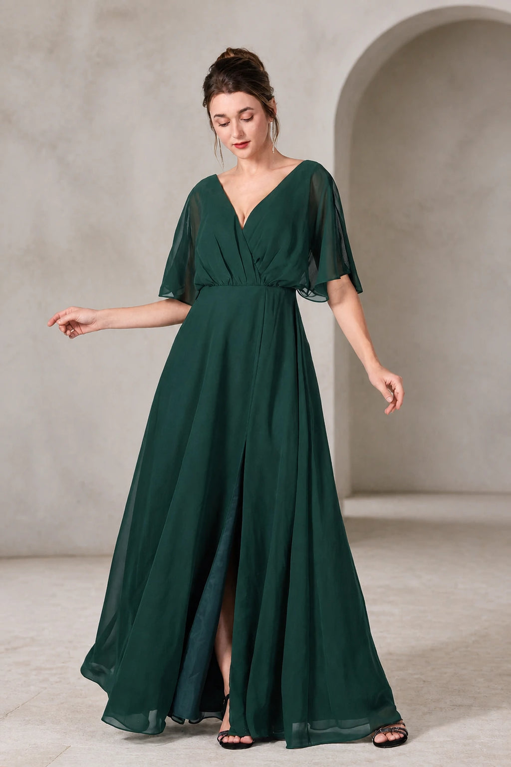 Emerald green A-line bridesmaid dress with V-neck, flutter sleeves and front slit by GraceProm