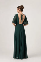 Back view of emerald green bridesmaid dress with flutter sleeves, open back and tie detail by GraceProm