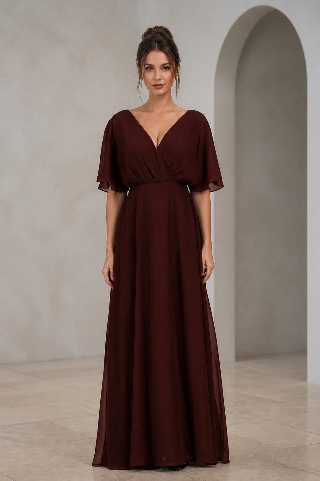 Elegant Flowy A-Line V-Neck Flutter-Sleeve Tie-Back Floor-Length Bridesmaid Dress