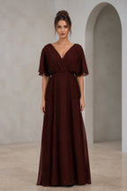 Elegant Flowy A-Line V-Neck Flutter-Sleeve Tie-Back Floor-Length Bridesmaid Dress