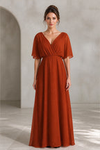 Elegant Flowy A-Line V-Neck Flutter-Sleeve Tie-Back Floor-Length Bridesmaid Dress