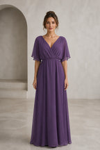 Elegant Flowy A-Line V-Neck Flutter-Sleeve Tie-Back Floor-Length Bridesmaid Dress