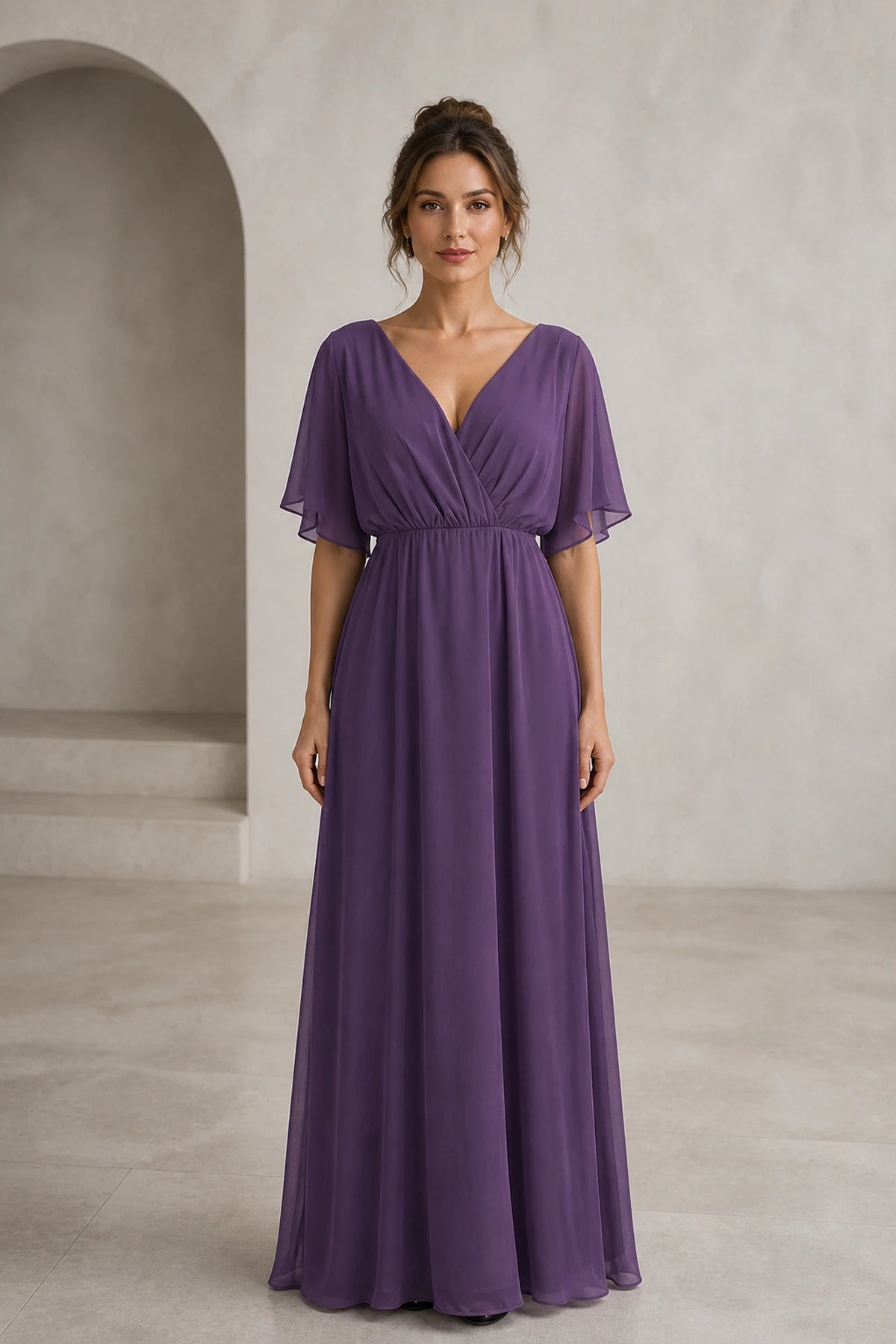 Elegant Flowy A-Line V-Neck Flutter-Sleeve Tie-Back Floor-Length Bridesmaid Dress