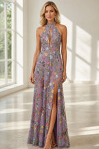 Dusty mauve floral wedding guest dress with halter neckline, embroidered flowers and high side slit by GraceProm