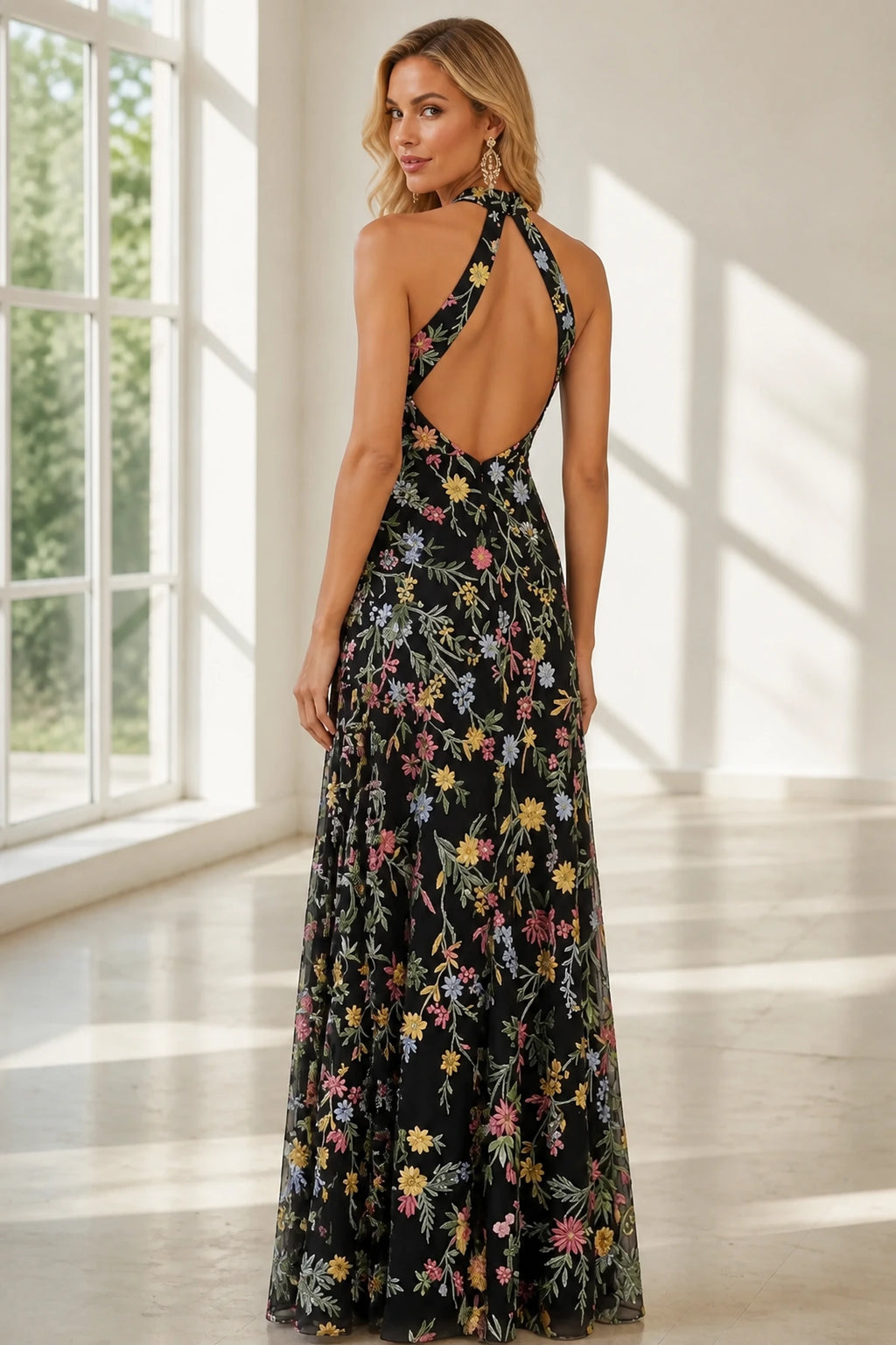 Romantic A-Line Halter Neck Sleeveless Open-Back Floor-Length Wedding Guest Dress