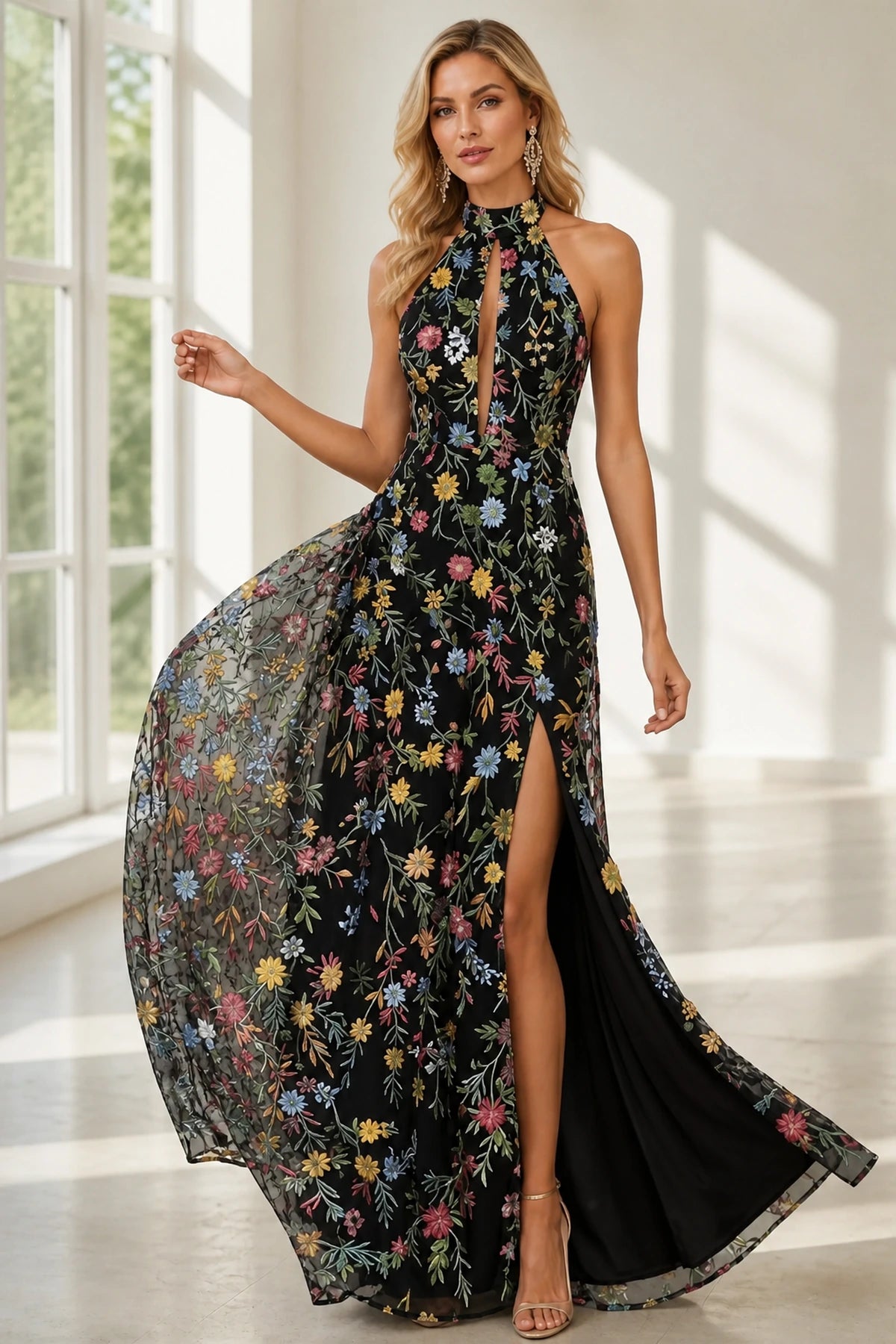 Romantic A-Line Halter Neck Sleeveless Open-Back Floor-Length Wedding Guest Dress