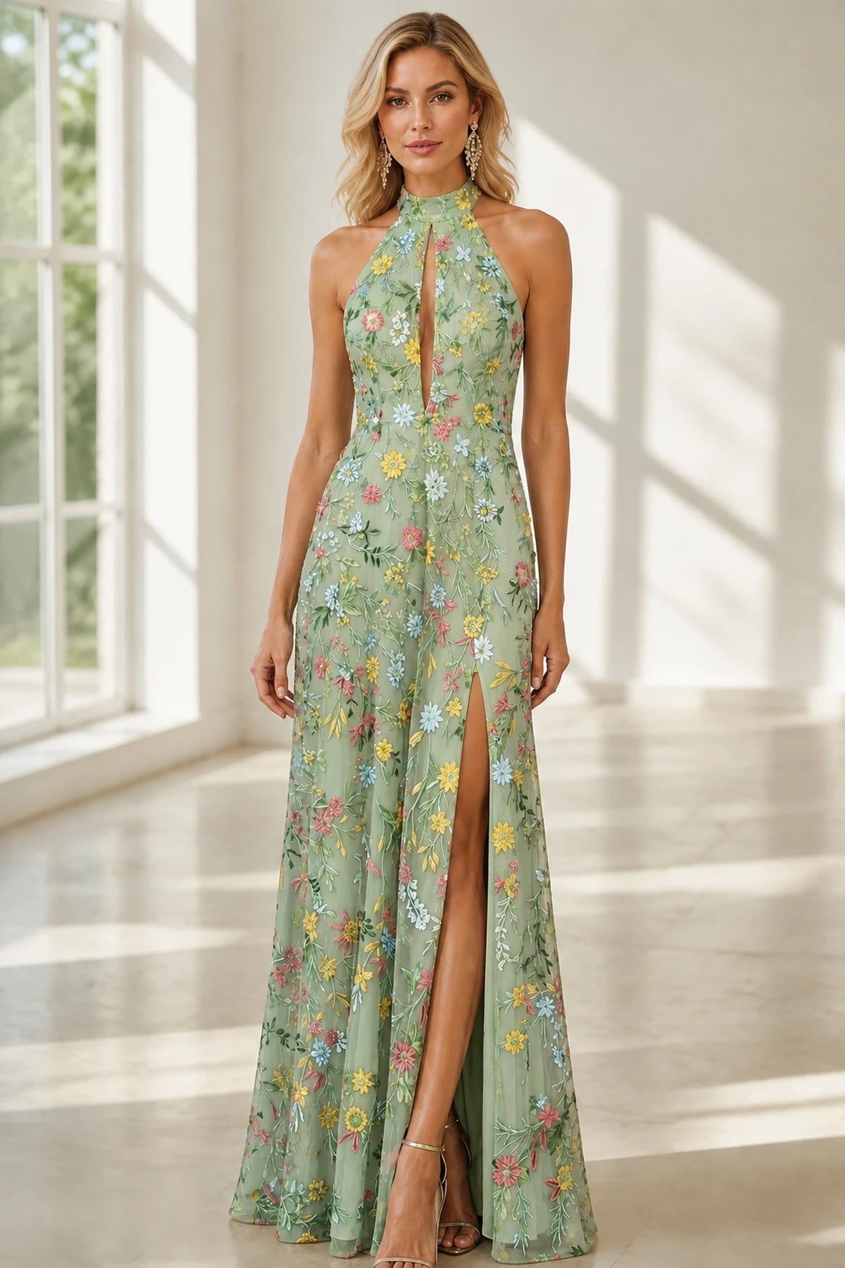 Romantic A-Line Halter Neck Sleeveless Open-Back Floor-Length Wedding Guest Dress