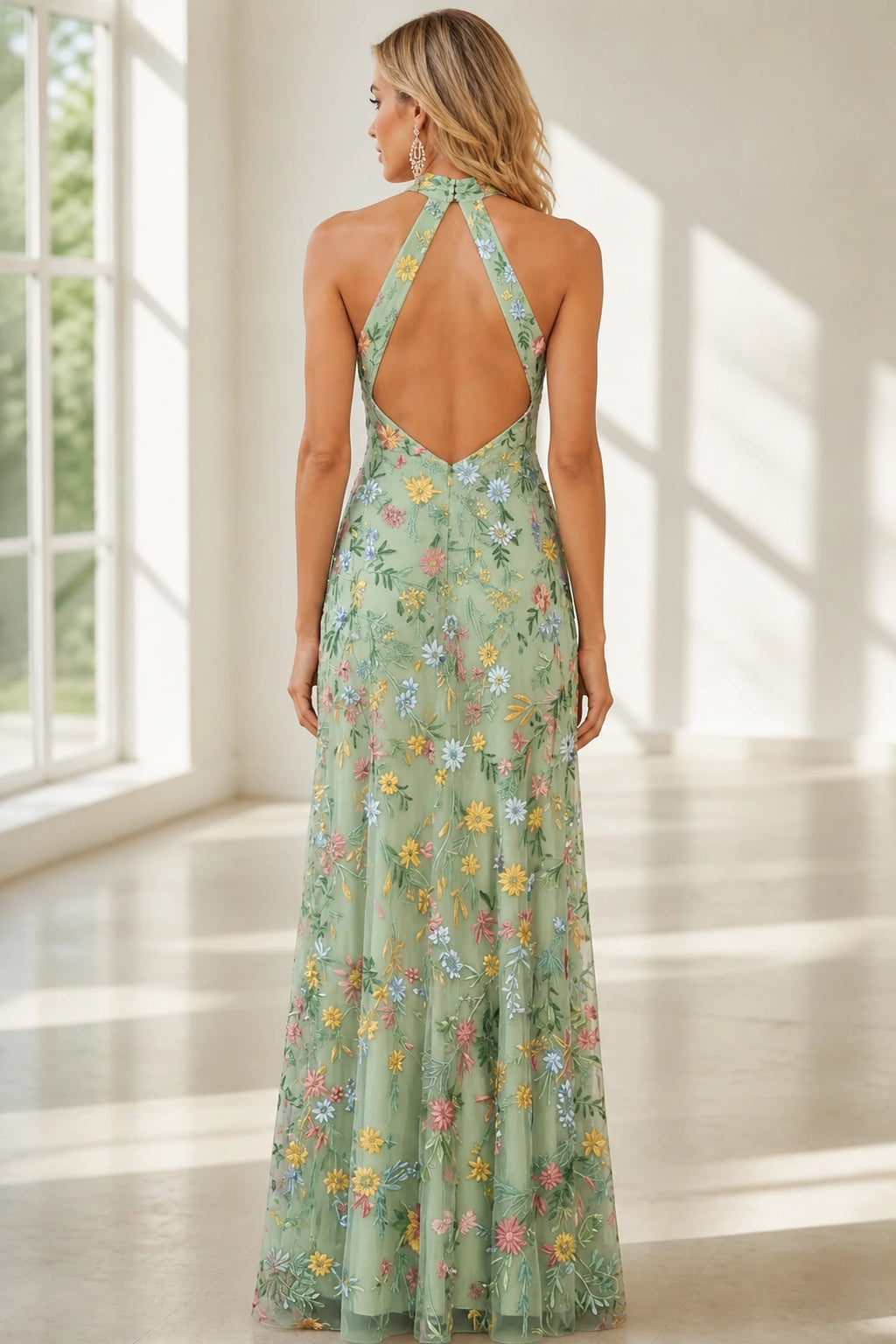 Romantic A-Line Halter Neck Sleeveless Open-Back Floor-Length Wedding Guest Dress