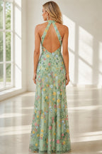 Romantic A-Line Halter Neck Sleeveless Open-Back Floor-Length Wedding Guest Dress