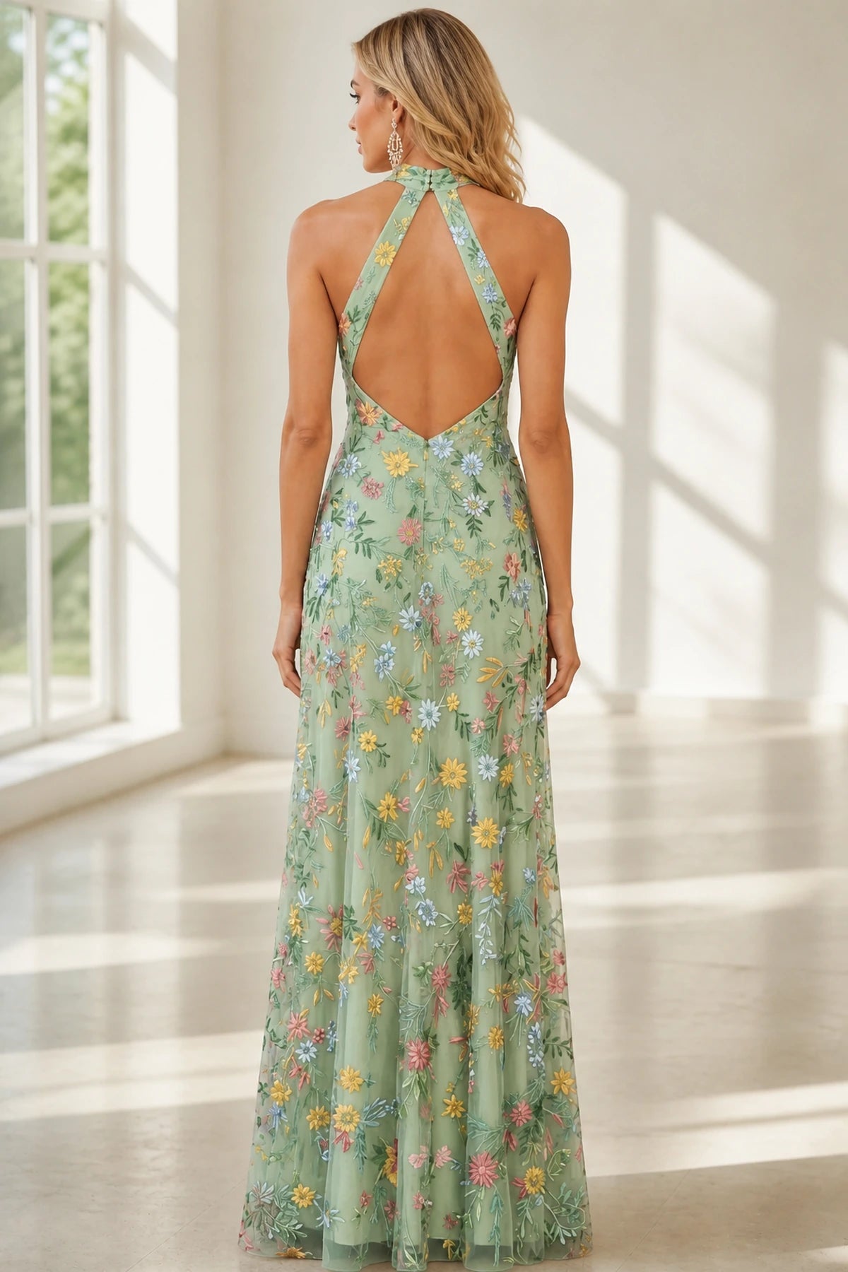 Romantic A-Line Halter Neck Sleeveless Open-Back Floor-Length Wedding Guest Dress