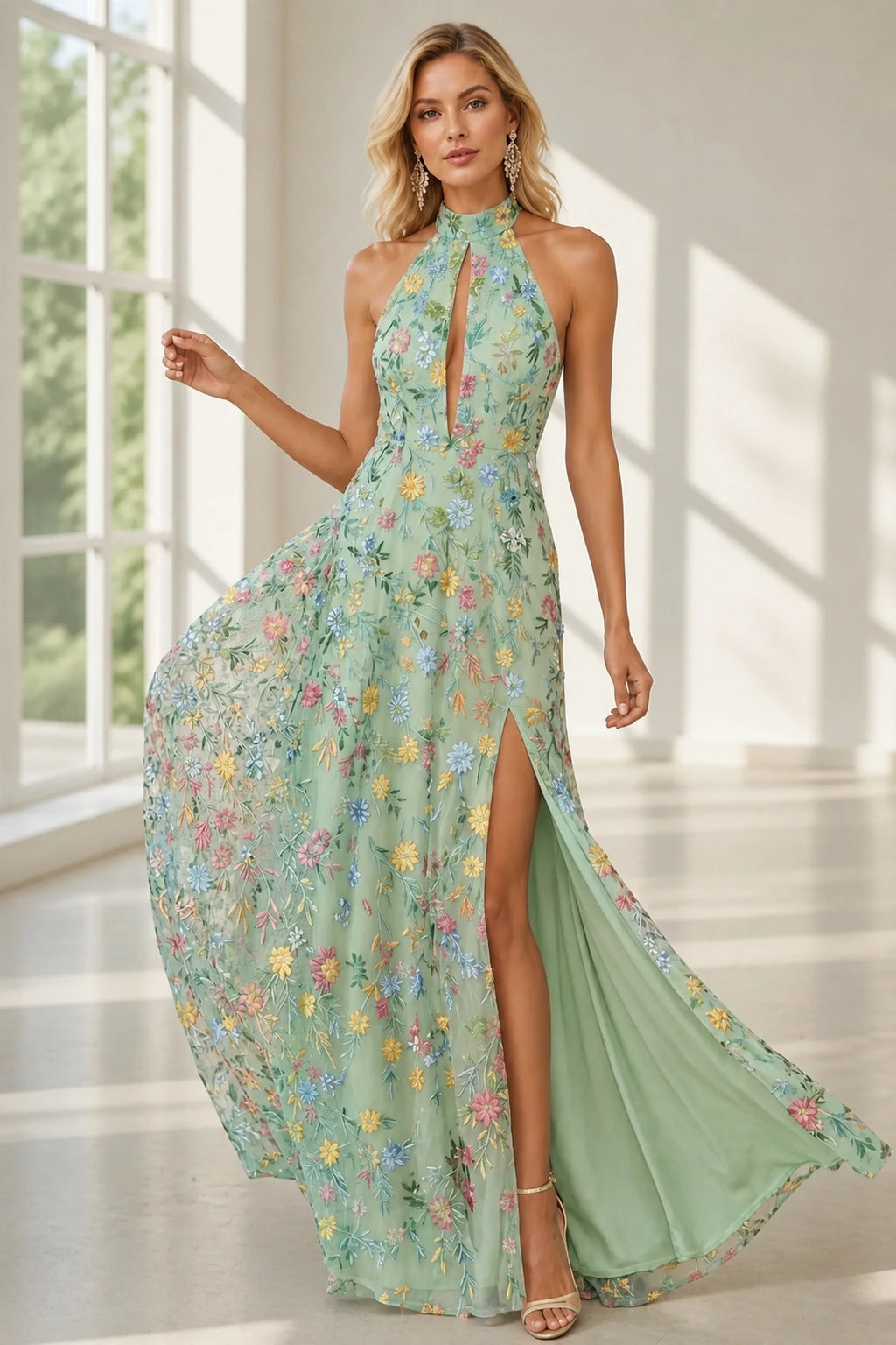 Romantic A-Line Halter Neck Sleeveless Open-Back Floor-Length Wedding Guest Dress
