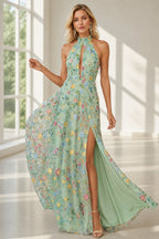 Romantic A-Line Halter Neck Sleeveless Open-Back Floor-Length Wedding Guest Dress