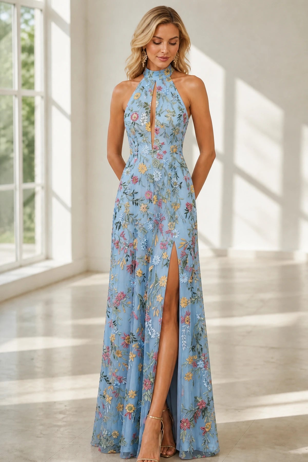 Romantic A-Line Halter Neck Sleeveless Open-Back Floor-Length Wedding Guest Dress