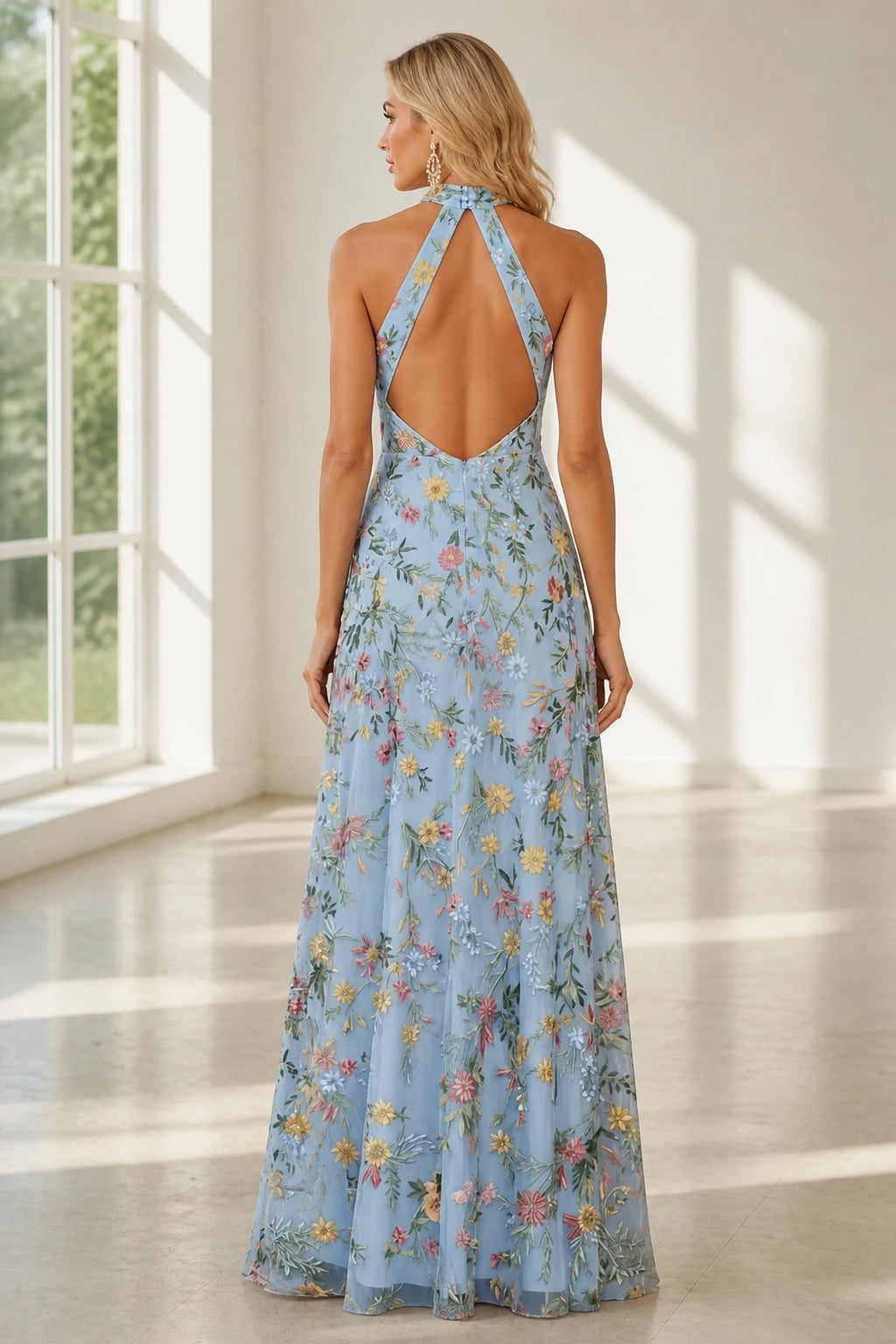 Romantic A-Line Halter Neck Sleeveless Open-Back Floor-Length Wedding Guest Dress