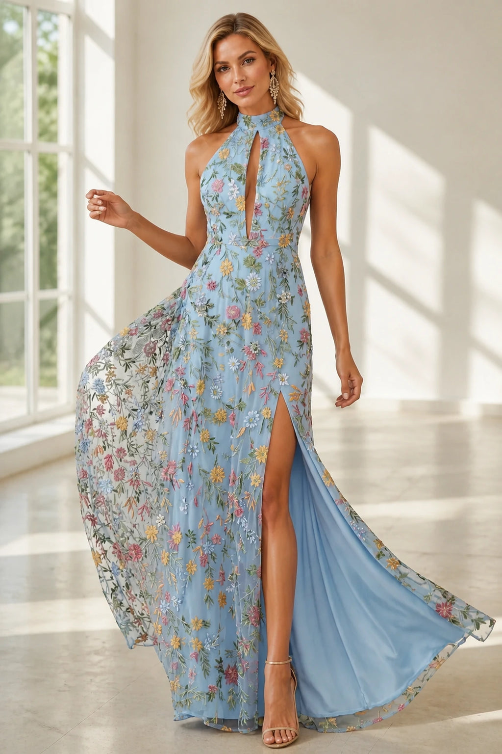 Romantic A-Line Halter Neck Sleeveless Open-Back Floor-Length Wedding Guest Dress