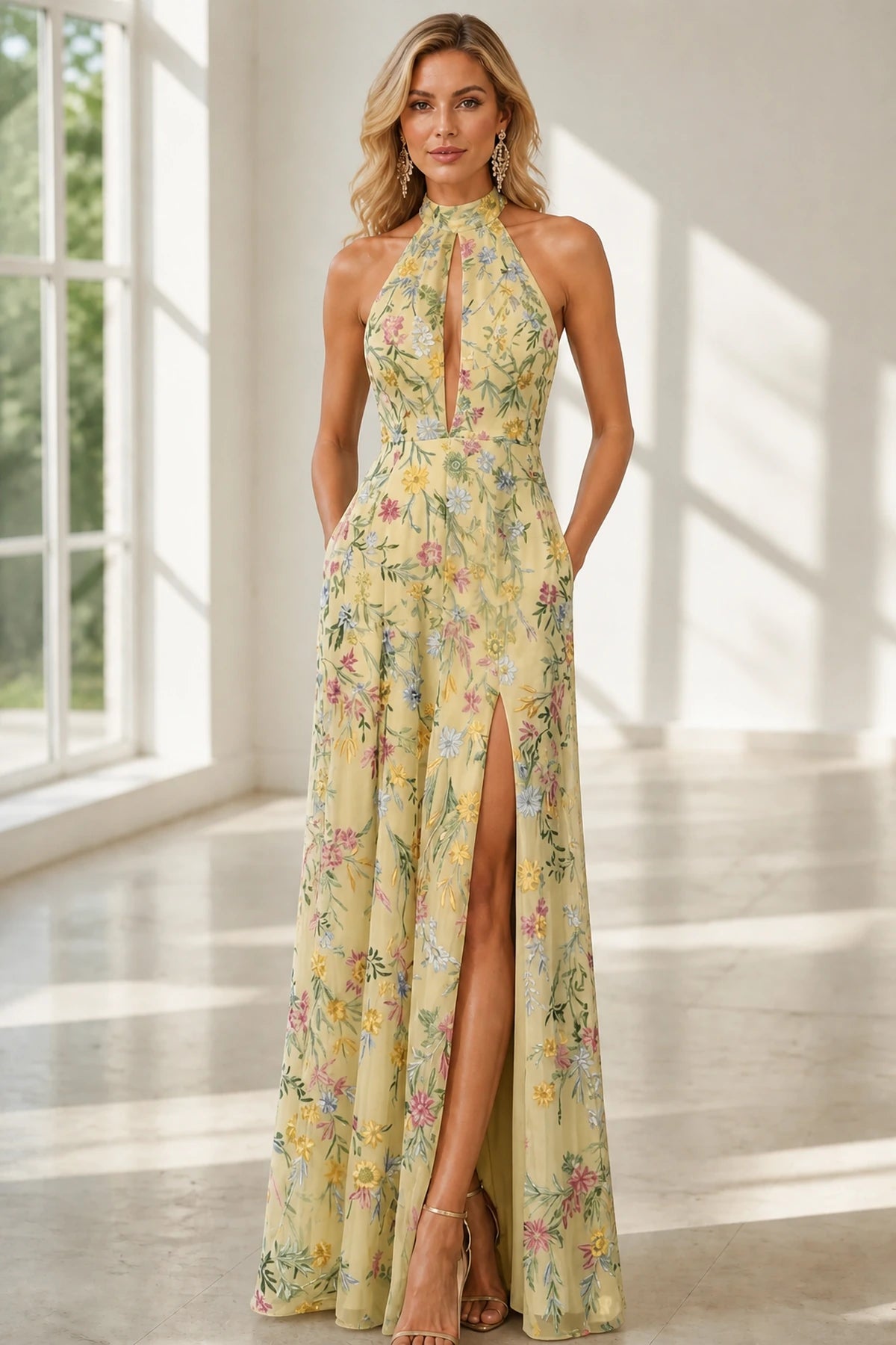 Romantic A-Line Halter Neck Sleeveless Open-Back Floor-Length Wedding Guest Dress