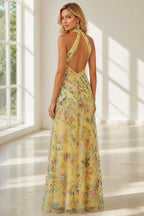 Romantic A-Line Halter Neck Sleeveless Open-Back Floor-Length Wedding Guest Dress