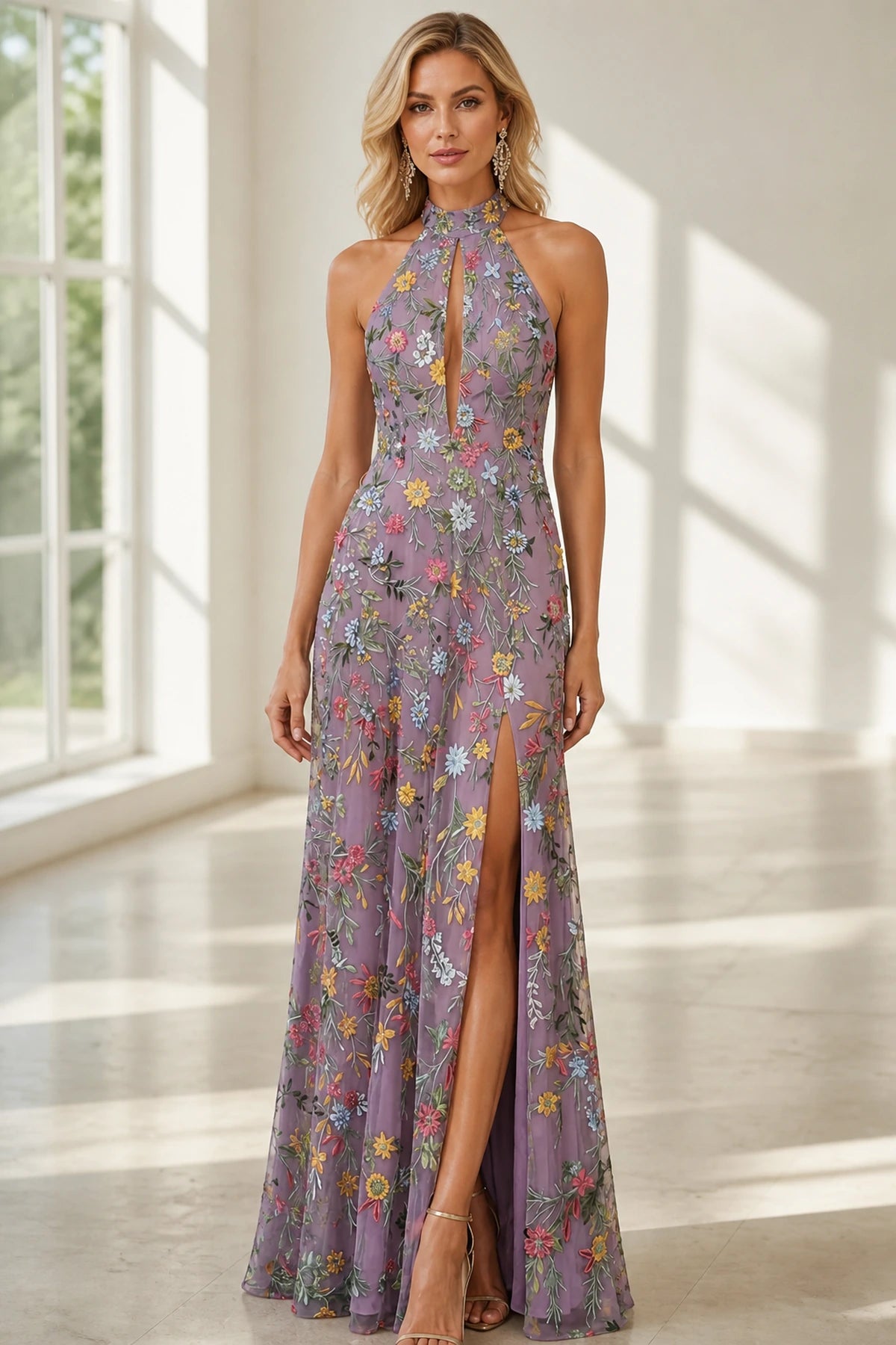 Romantic A-Line Halter Neck Sleeveless Open-Back Floor-Length Wedding Guest Dress