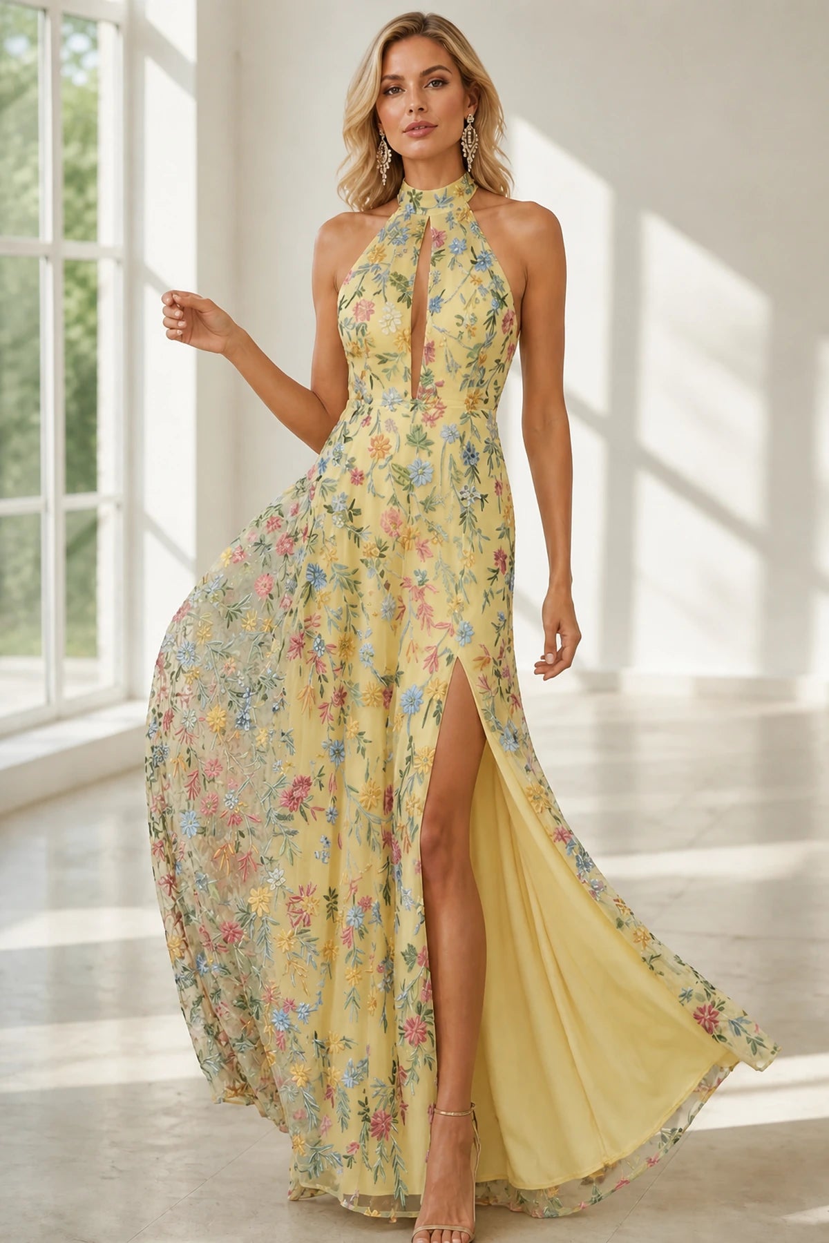Romantic A-Line Halter Neck Sleeveless Open-Back Floor-Length Wedding Guest Dress