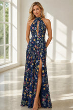 Romantic A-Line Halter Neck Sleeveless Open-Back Floor-Length Wedding Guest Dress