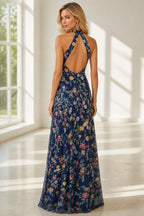 Romantic A-Line Halter Neck Sleeveless Open-Back Floor-Length Wedding Guest Dress