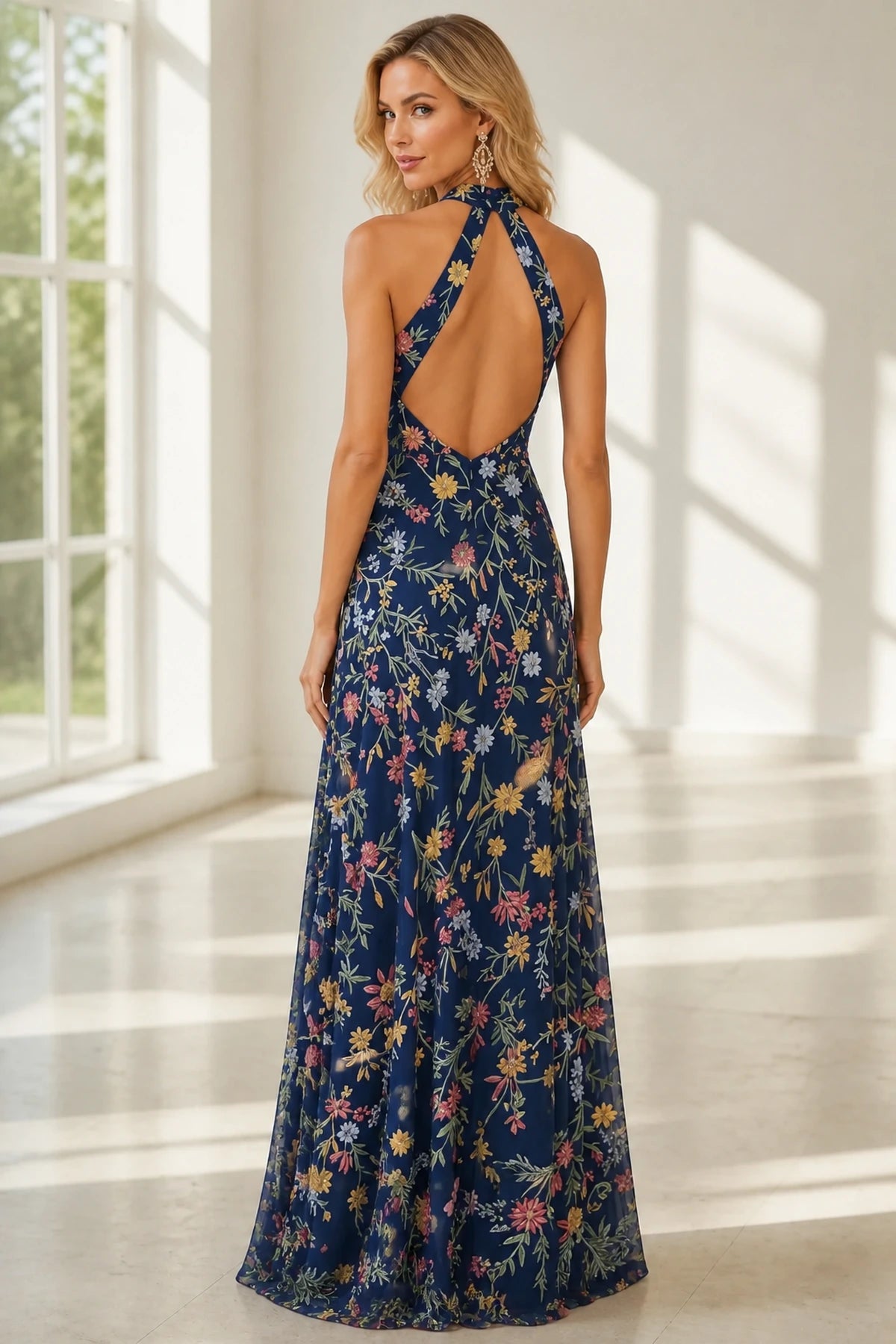 Romantic A-Line Halter Neck Sleeveless Open-Back Floor-Length Wedding Guest Dress