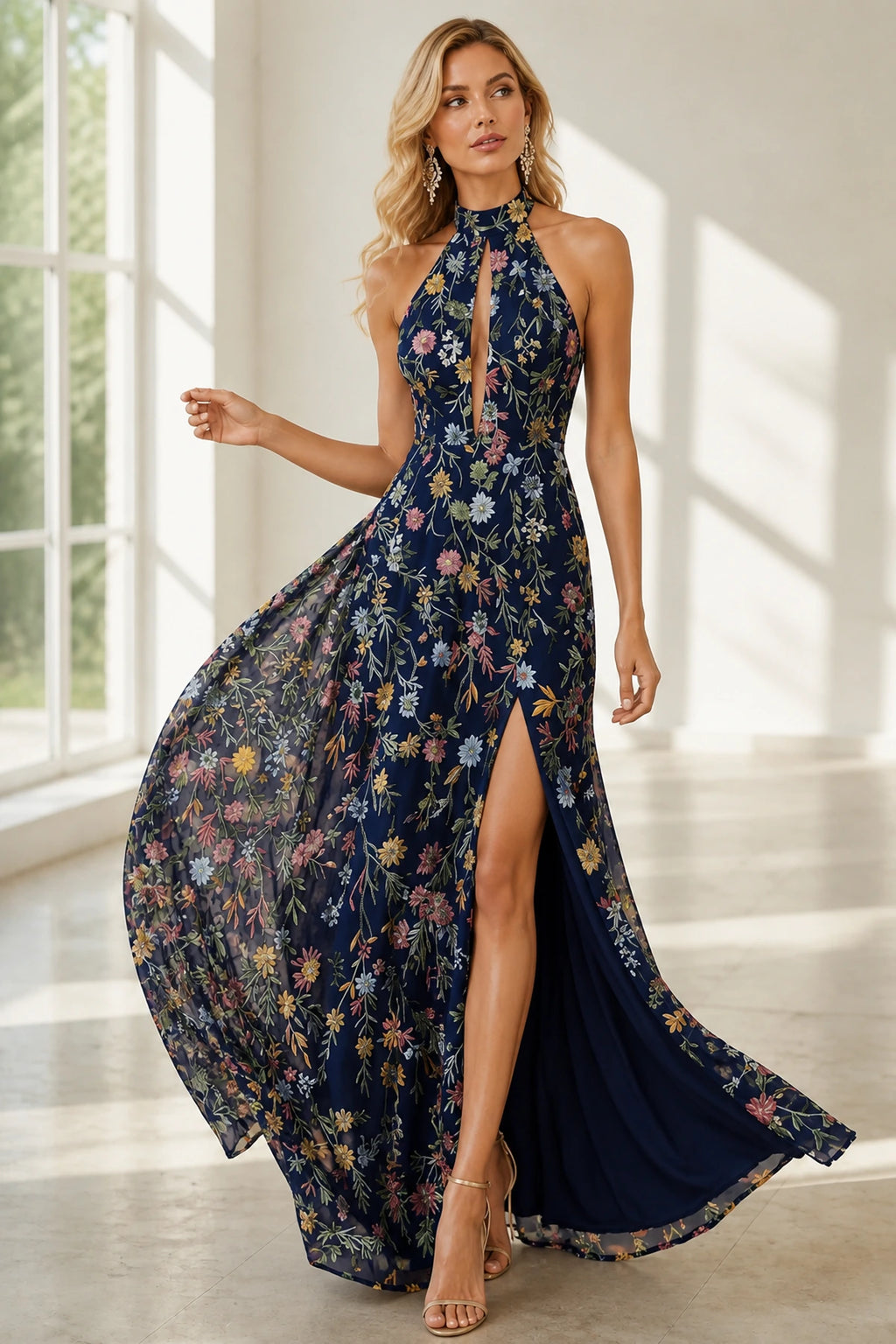 Romantic A-Line Halter Neck Sleeveless Open-Back Floor-Length Wedding Guest Dress