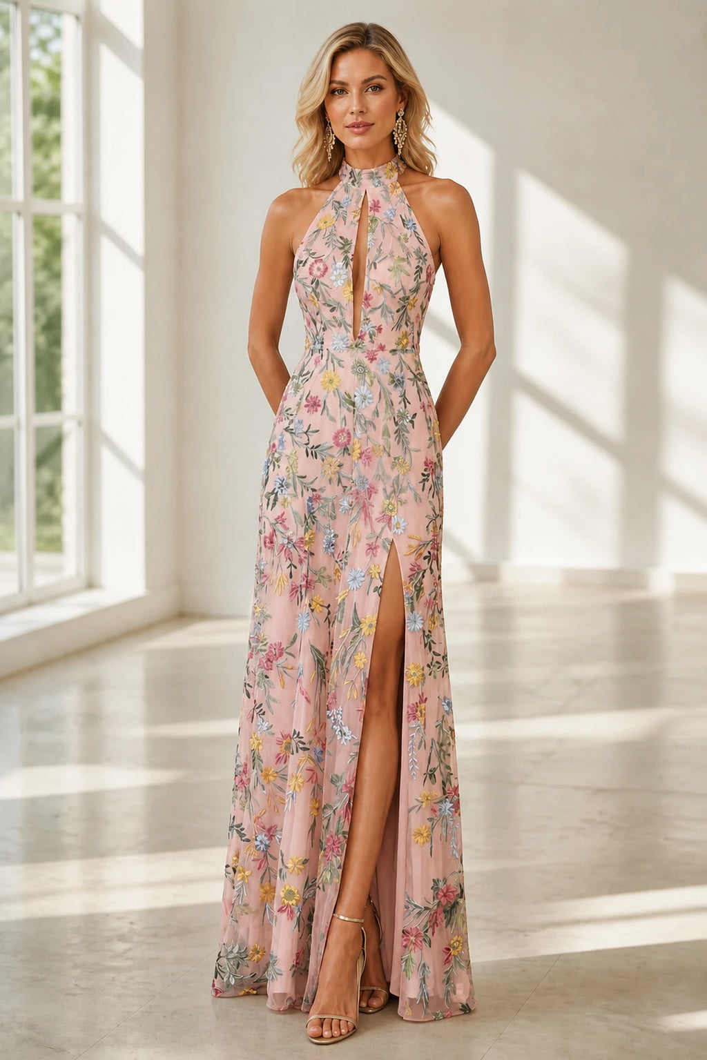 Romantic A-Line Halter Neck Sleeveless Open-Back Floor-Length Wedding Guest Dress