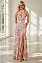 Romantic A-Line Halter Neck Sleeveless Open-Back Floor-Length Wedding Guest Dress