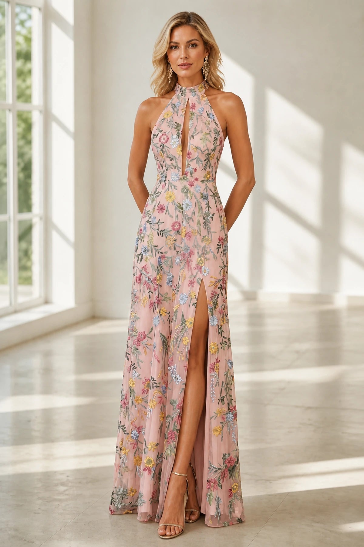 Romantic A-Line Halter Neck Sleeveless Open-Back Floor-Length Wedding Guest Dress
