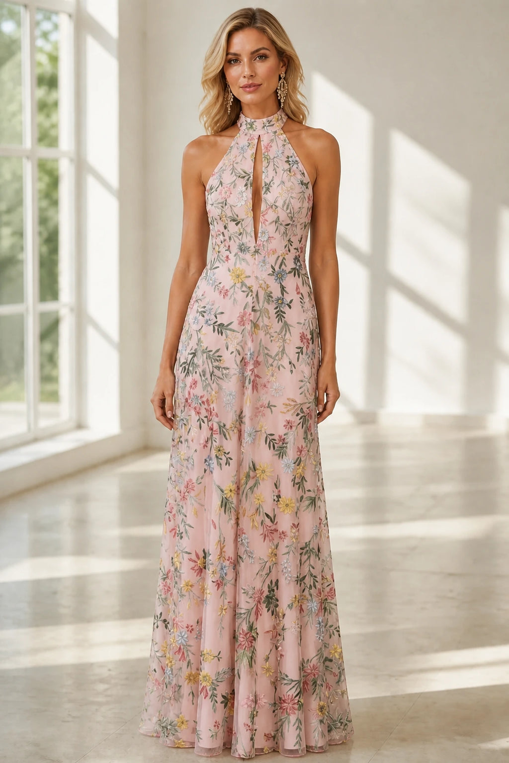 Romantic A-Line Halter Neck Sleeveless Open-Back Floor-Length Wedding Guest Dress