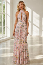 Romantic A-Line Halter Neck Sleeveless Open-Back Floor-Length Wedding Guest Dress